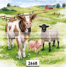 (2668) TWO Paper LUNCHEON Decoupage Art Craft Napkins - FARM COW SHEEP PIG