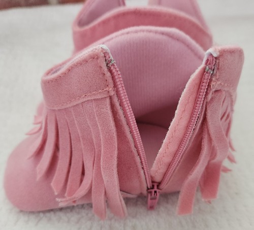 Baby Pink Fringe Cowboy Boots Infant Size 2 Soft Sole Zippered Crib Shoes - Picture 6 of 9