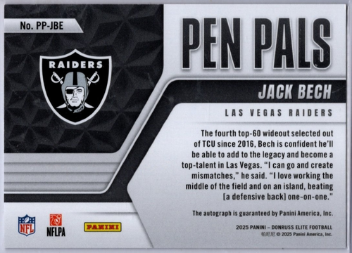 JACK BECH--RAIDERS--2025 PANINI DONRUSS ELITE--"PEN PALS" ROOKIE AUTOGRAPH - Picture 2 of 2