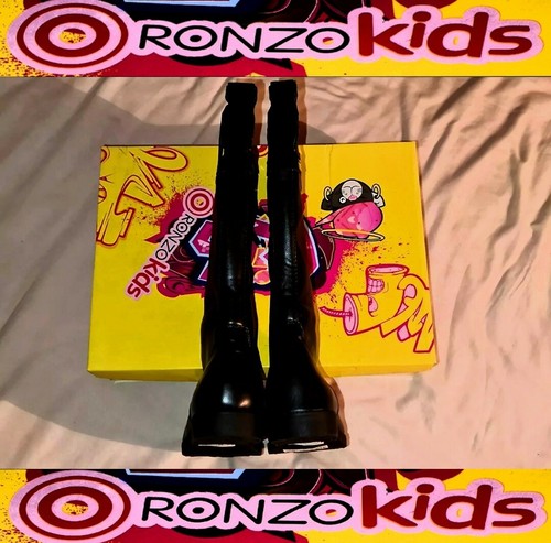❤BRANDNEU IN VERPACKUNG ~ RONZO KINDER MÄDCHEN DESIGNER SCHWARZ VEGAN LEDER LANGE STIEFEL UK GRÖSSE 2/EU 35❤ - Bild 9 von 12