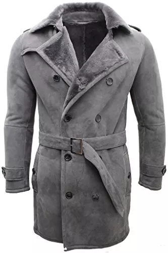 Men s Grey Military Double Breasted Real Sheepskin Suede Pea Coat