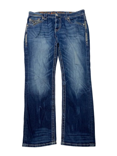 Rock Revival Jeans Erik Straight Herren 38 x 32 blau Denim Flex bestickt