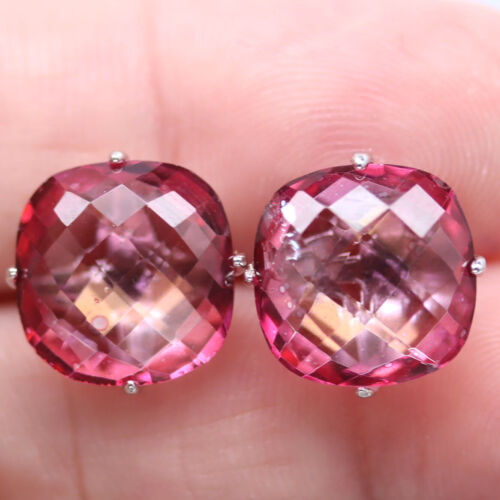 12 x 12 MM. Pink Mystic Topaz Earrings 925 Sterling Silver White Gold Plated - Picture 1 of 4