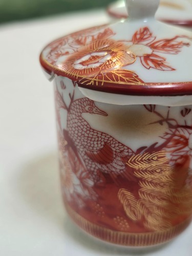 Juego de té japonés Kutani Yaki tetera pavo real rojo y peonías con tapa, tazas de té/saki - Imagen 12 de 15