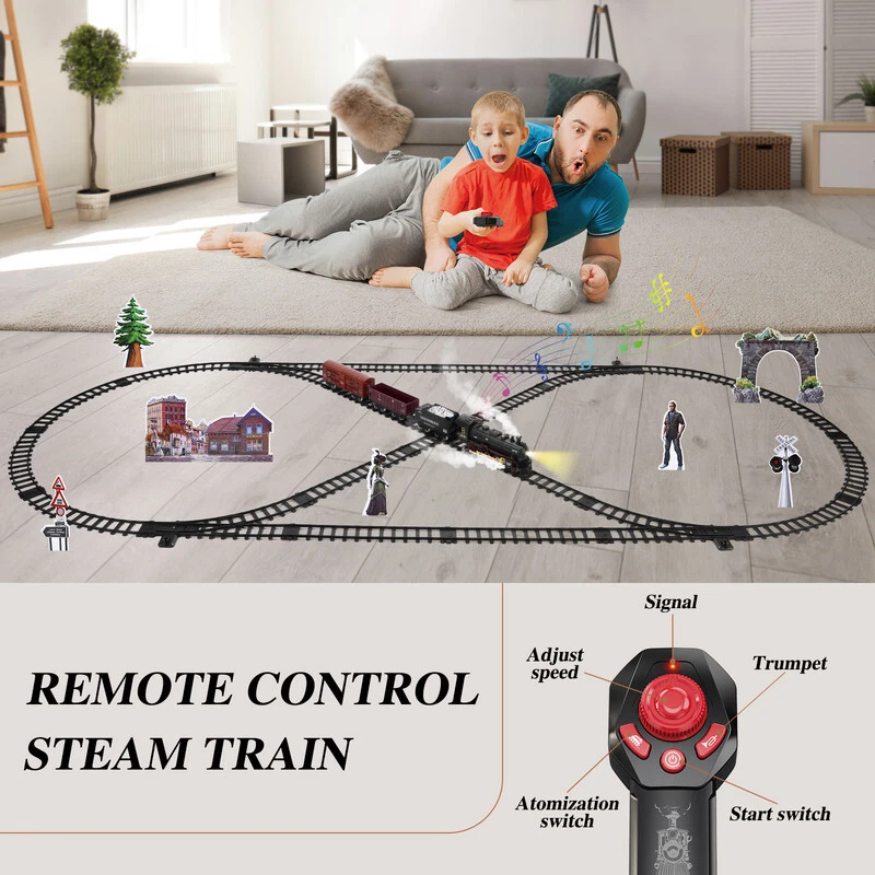Steam Train Set Remote Control Locomotive Railroad Train RC Toy Kids Boys Gift - Image 2 of 4
