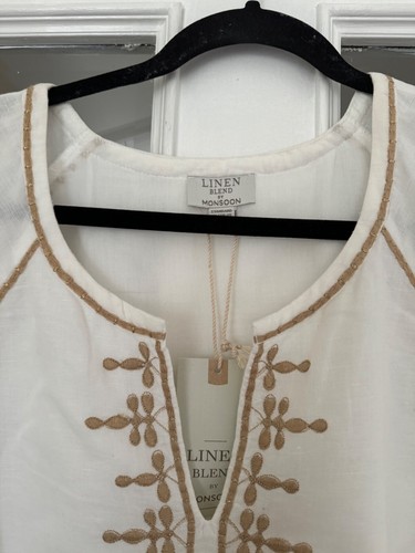 BNWT MONSOON CREAM & GOLD V NECK EMBROIDERED LINEN MIX TUNIC TOP - SIZE 22!! - Picture 3 of 7