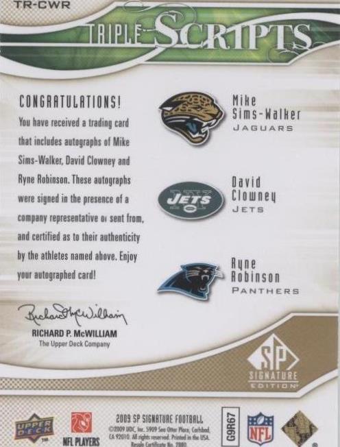 2009 SP Signature Edition David Clowney Mike Sims-Walker Ryne Robinson #TR-CWR