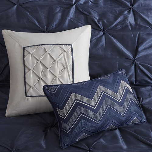 NEW! ~ BEAUTIFUL NAVY BLUE GREY SILK SHEEN PINTUCK SOFT RUFFLED COMFORTER SET - Picture 9 of 9