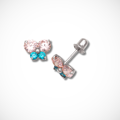 14k Yellow & White Gold Cubic Zirconia Butterfly Screw Back Earrings For Kids - Picture 3 of 5