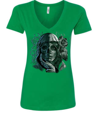 Dead Girl with Roses Women's V-Neck T-Shirt Sugar Skull Face Day of the Dead