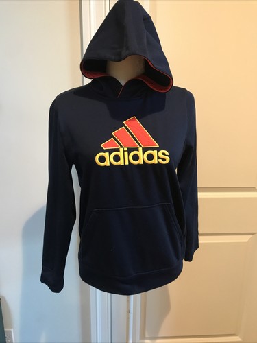 Adidas Hoodie Hooded Sweatshirt Navy Blue Yellow Red Logo Youth Size Large 14/16 - Picture 7 of 10