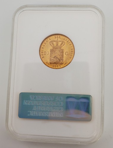 1887 Netherlands Wilhelm III GOLD 10 Gulden World Coin NGC MS65 FATTY - Picture 2 of 2
