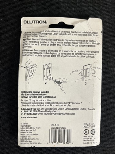Placa de pared Lutron 1 pandilla decoradora/balancín negro brillante CW-1-BL - Imagen 2 de 2