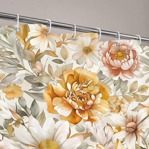 Floral Shower Curtain Vintage Flower Retro Plant Watercolor Dark Mustard Yell... - Picture 2 of 6