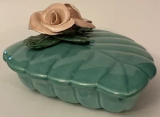 Vintage MCM  Trinket Dish Rose Topped Leaf Shaped Ceramic