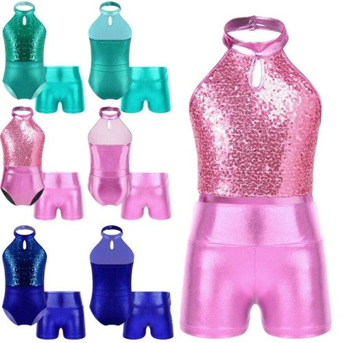 Leotard With Shorts Shiny Girl Dance Leotard Sparkly Bodysuit Ballet Jumpsuit - Picture 4 of 35