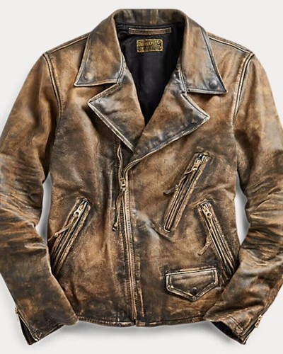 Men's Motorcycle Brown Stylish Vintage Bomber Distressed Biker Leather Jacket - Afbeelding 1 van 3