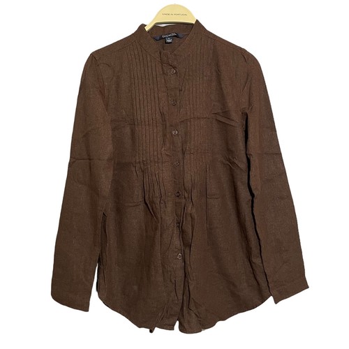 Chadwicks Linen Button Blouse Shirt Women Size S Brown Darted Long Sleeve Summer