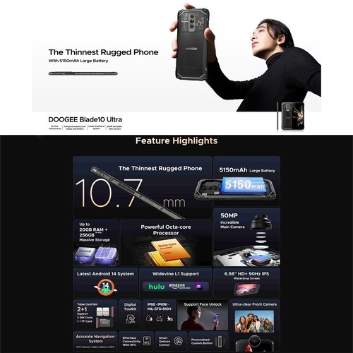 DOOGEE Blade 10 Ultra Rugged Phone 20GB+256GB 6.56 inch Android 14 Night Vision - Picture 3 of 11