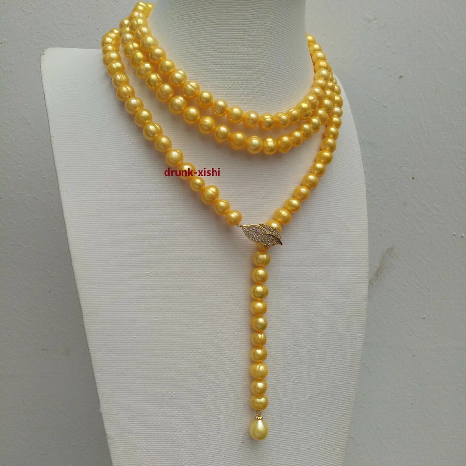 Collar Colgantes de Perlas Amarillas del Mar del Sur 38" 8-9 mm Cierre de Pluma de Plata Foto 3 de 4