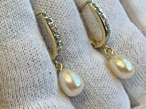 14K Yellow Gold Pearl Earrings 1.83g Fine Jewelry Clear Stone Dangles Leverback - Picture 24 of 24