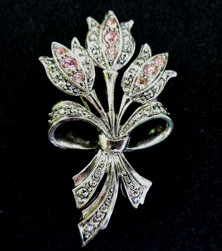 Avon Tulip Brooch Pink Rhinestone Marcasite Bouquet Flower Silvertone VTG Pin - Picture 2 of 7