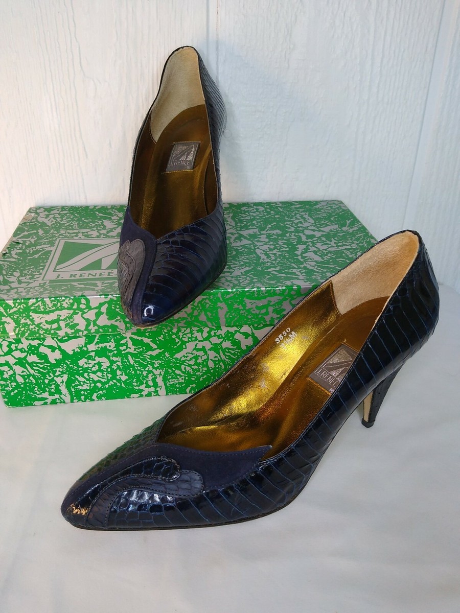 J. Renee Womens 7.5 Navy Coax Snake Belly Suede Accent Pumps 3.5 Heel Shoe