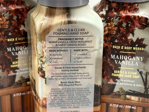 NEW 3 BATH & BODY WORKS MAHOGANY VANILLA GENTLE FOAMING HAND SOAP 8.75 FL OZ - Picture 3 of 3