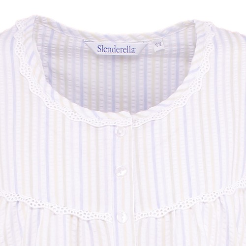 Ladies Slenderella Seersucker Stripe Nightdress Short Sleeved Lace Trim Nightie - Picture 4 of 21