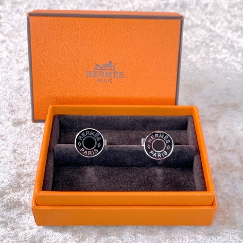 Hermes Paris Cufflinks Black Enamel Silver Round with Case