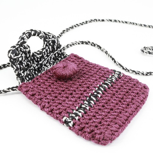Hand Crochet Handbag Women Micro Maroon Black Button Pouch Purse Shoulder Bag - Picture 9 of 14