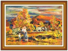 John E Costigan Original Painting on Canvas Board Signed Landscape Figure Horse