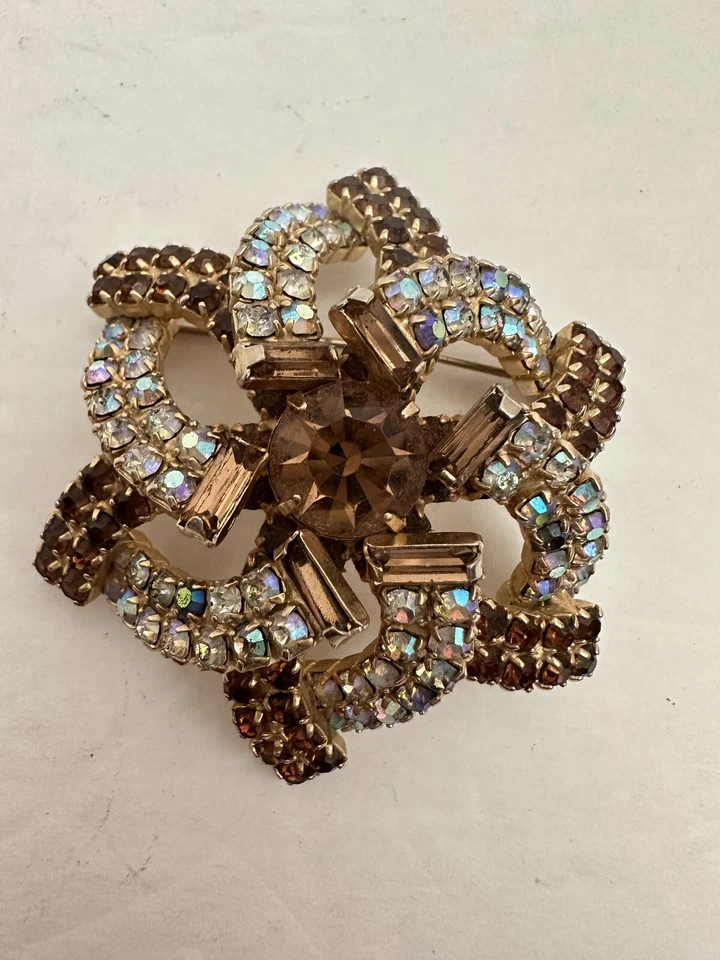 20 世纪 50 年代 AB & Brown 水钻胸针大号黄玉水晶声明别针 Estate HTF — 第 2/4 张图片
