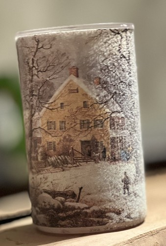 Vintage Unburned Currier & Ives Sugar Frosted Glass Candle Winter Scene 5” - Picture 4 of 6