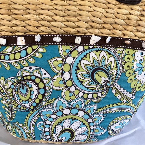 Vera Bradley Peacock Floral Straw Wicker Fabric Tote Bag Blue Green Large Purse - Picture 7 of 10