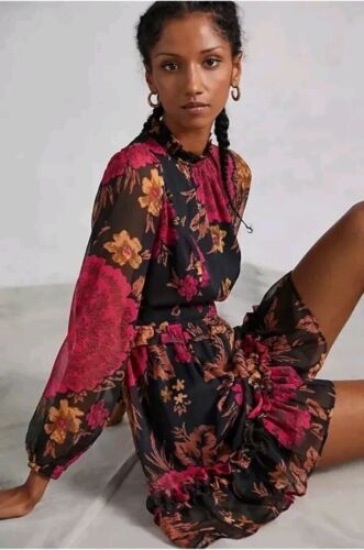 Anthropologie Porridge Gr. M Puffärmel Blumen Minikleid Blumenmix Rosa Blk - Bild 2 von 13