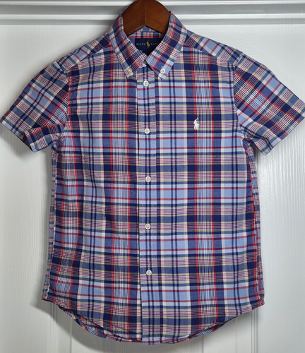 Polo Ralph Lauren Shirt Boys 7 Madras Plaid Cotton Short Sleeve Button Up Blue