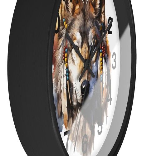 Native Indian The Spirit Wolf Art Beads Feathers Art Wall Clock All Wood Frame - Picture 18 of 19