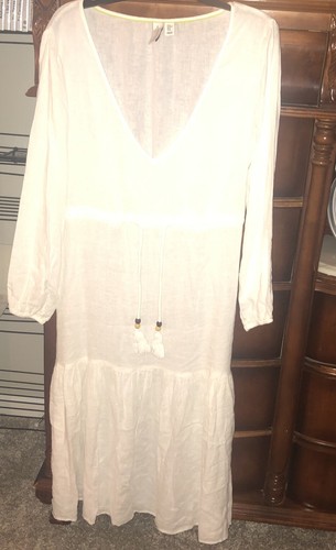 JOIE Linen Blend Tiers Midi Dress White Fit & Flare Sz Medium Boho Peasant Gauze