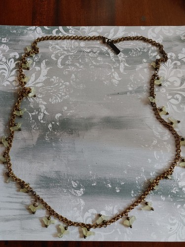 Vintage necklace brass tone metal carved jade birds signed Jan Michaels San Fran - Picture 2 of 6