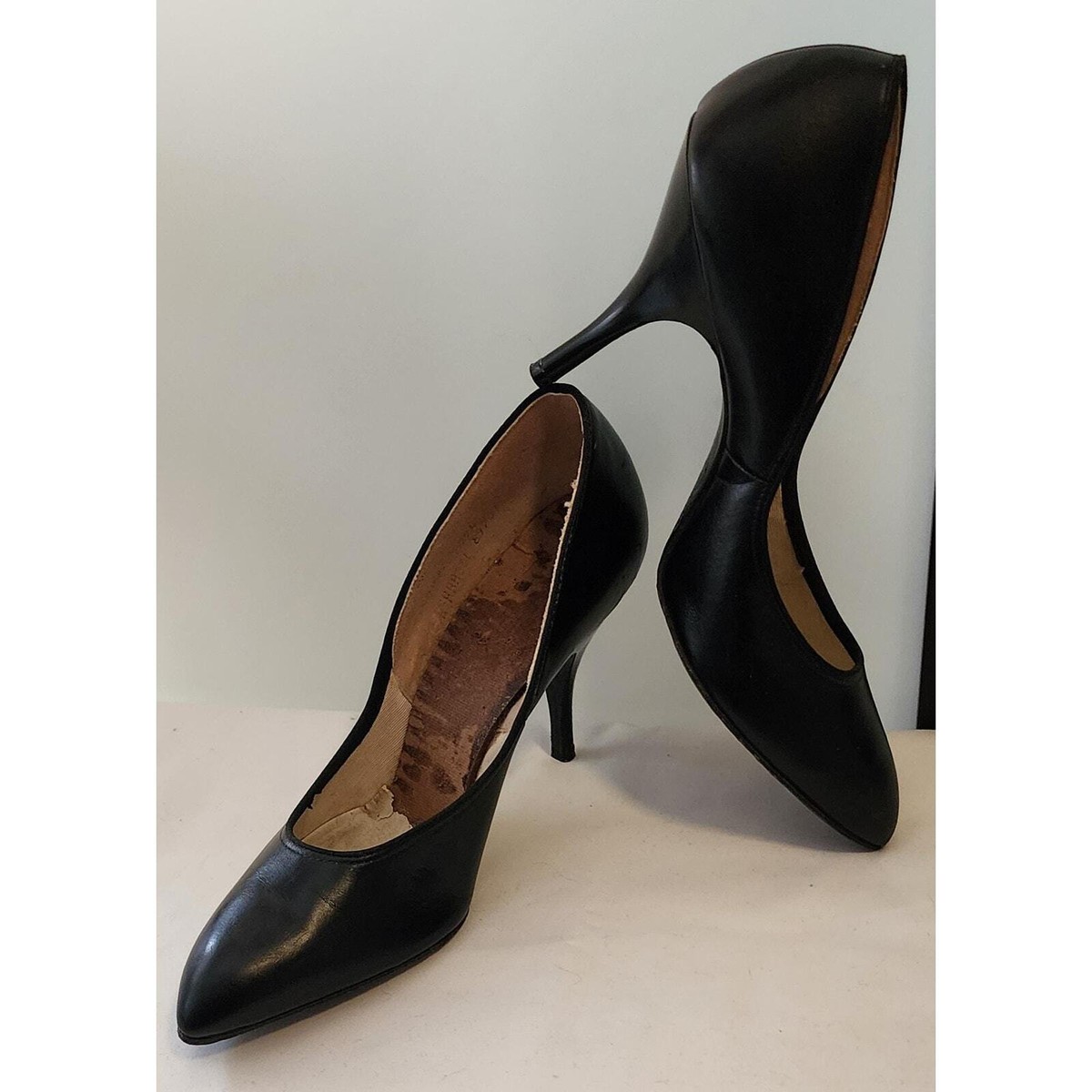 Vtg 50s Black Leather Stiletto Heels Mid Century Fetish