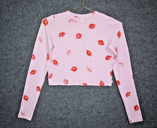 Skims Sleep Super Cropped Long Sleeve Women M Pink Cherry Blossom Lipstick NWT