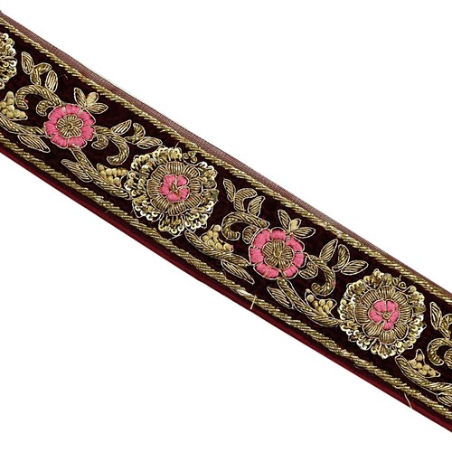 Vintage Maroon Sari Border Hand Embroidered Craft Trim Lace Sewing Ribbon 1yd - Picture 7 of 15