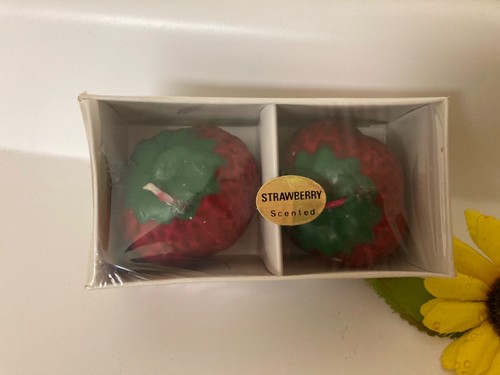 Vtg  2 Strawberry Shaped Wax Fruit Candles Tier Tray Farmhouse Summer Kitchen - Picture 1 of 13