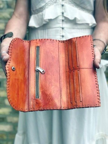 TOOLED LEATHER WALLET Stone Coin Purse Western Boho Vintage Hippie burnt orange - Picture 2 of 11