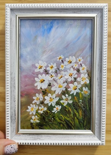 Small Oil Painting 5х7in Frame Little Daisy Flowers Cute Flowers Bouquet. - Picture 2 of 12