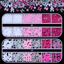 2 Boxes 3D Flower Nail Charms White Pink Flowers for Nails 3D Colorful Crystal 