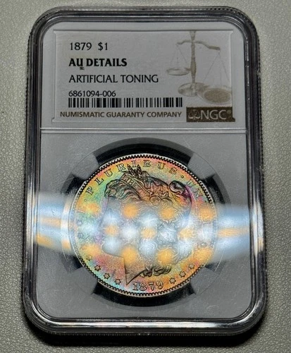 1879 Morgan Silver Dollar  MONSTER Rainbow Toning DUAL SIDE NGC AU Details