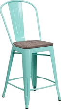Carly 24" High Mint Green Metal Counter Height Stool with Back and Wood Seat