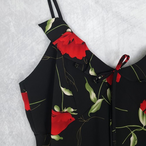 Vintage Blumen Launen Kleid Damen groß schwarz rot Rüschen Spaghettiträger 90er - Bild 3 von 22